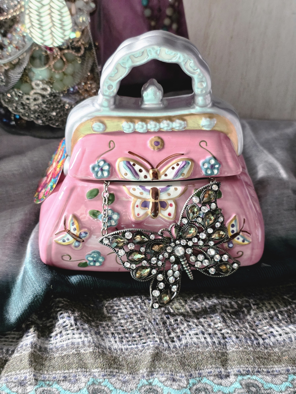 Pink Butterfly Accent Necklace Jewelry Box with Crystal Brooch